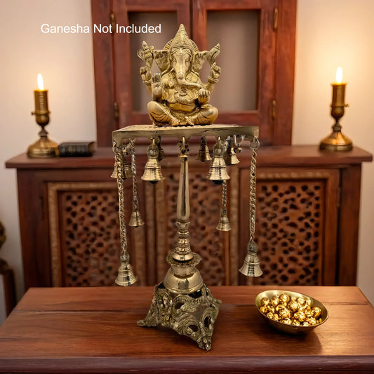 Brassaura™ Brass Pooja Chowki With Hanging Bells – Height 16 Inches & Weight 5 Kgs | Artistic Pooja Room Décor