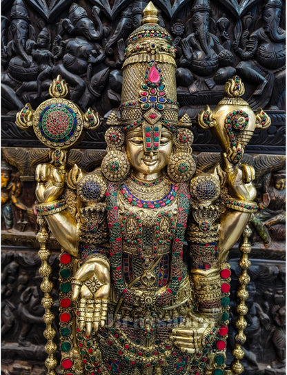 Brassaura™ Pure Brass Tirupati Balaji Idol with Stonework – 48 Inches, 49 Kgs