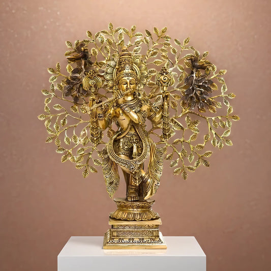 Brassaura™ Brass Krishna With Tree – Height 22 Inches & Weight 13.4 Kgs | Divine Flute-Playing Krishna Statue for Spiritual Décor