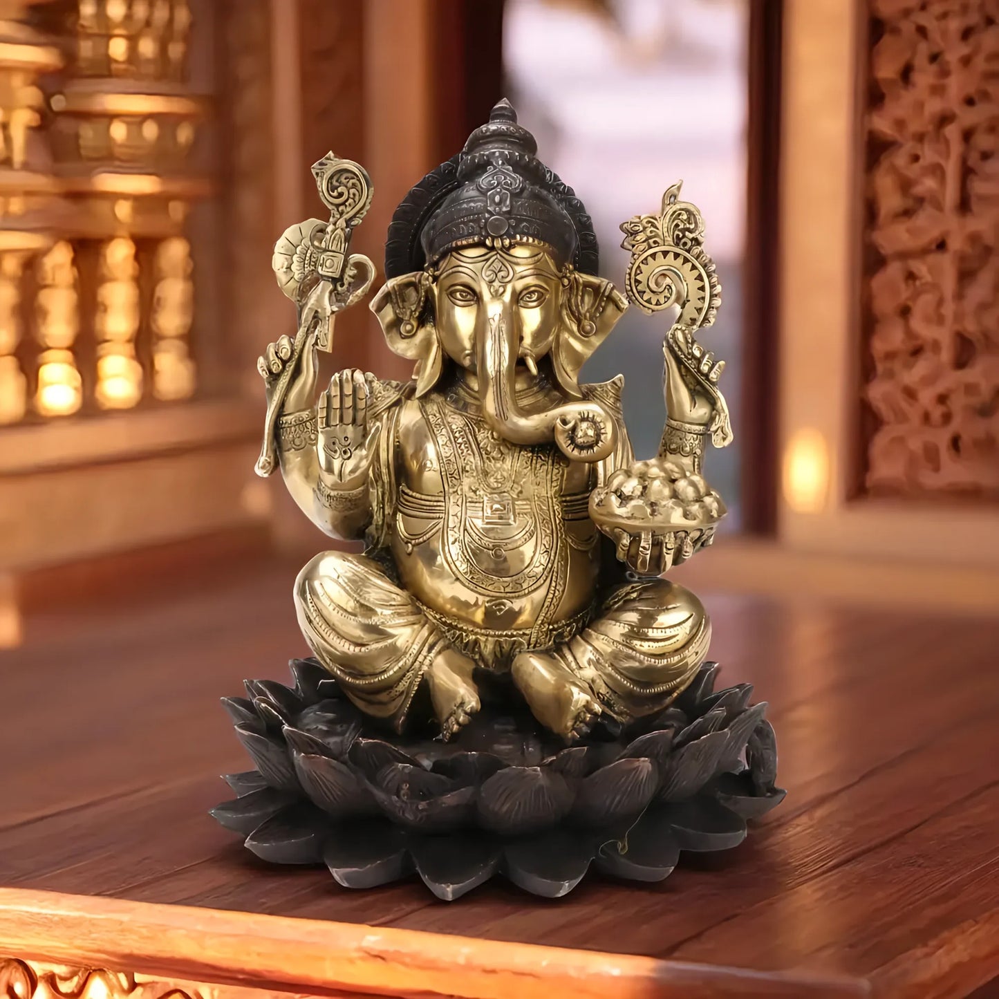Brassaura™ Brass Lotus Ganesha Statue | Height 11.8 Inches & Weight 8 Kgs