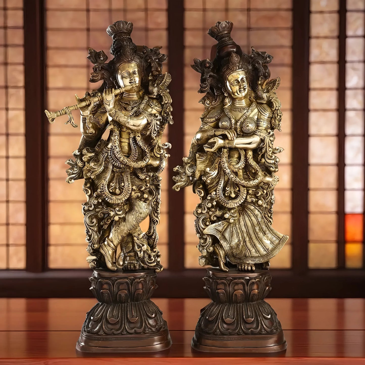 Brassaura™ Antique Brass Handcrafted Radha Krishna Statue – 30 Inch Height, 33 Kg | Intricate Detailing & Vintage Finish