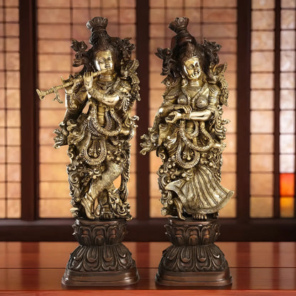 Brassaura™ Antique Brass Handcrafted Radha Krishna Statue – 30 Inch Height, 33 Kg | Intricate Detailing & Vintage Finish