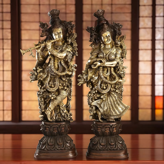 Brassaura™ Antique Brass Handcrafted Radha Krishna Statue – 30 Inch Height, 33 Kg | Intricate Detailing & Vintage Finish