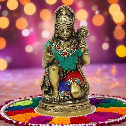 Brassaura™ Gemstone Crafted Brass Hanuman Murti – Height 6.8 Inches & Weight 1 Kgs | Temple Collection