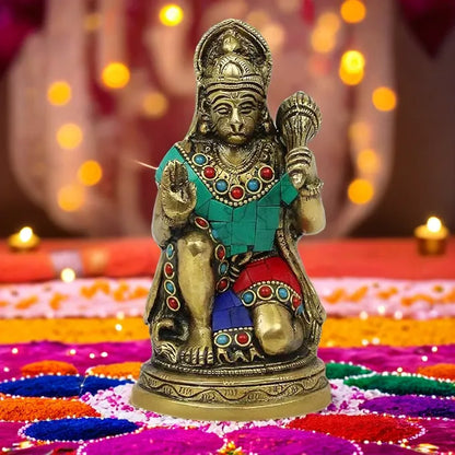 Brassaura™ Gemstone Crafted Brass Hanuman Murti – Height 6.8 Inches & Weight 1 Kgs | Temple Collection