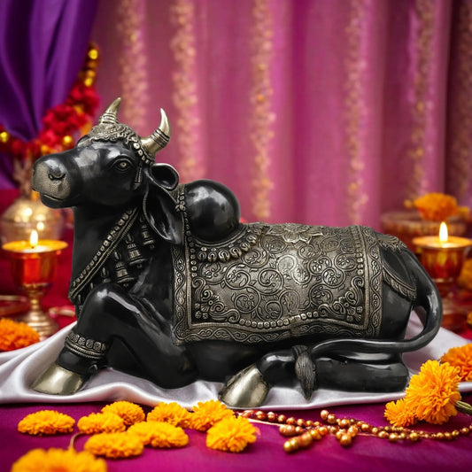Brassaura™ Brass Nandi Statue | 14 Inches Height | 19.29 Kgs Weight | Black Finish with Golden Accents