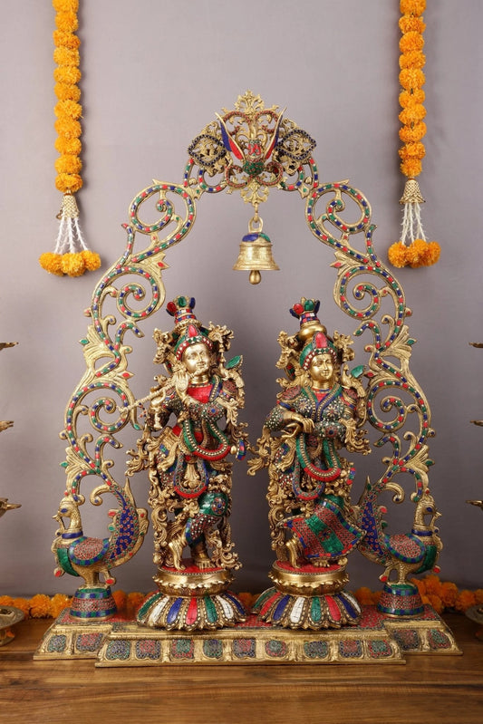 Brassaura™ Majestic Brass Radha Krishna with Peacock Temple Arch – 45 Inch Height, 72 Kg | Exquisite Meenakari Work