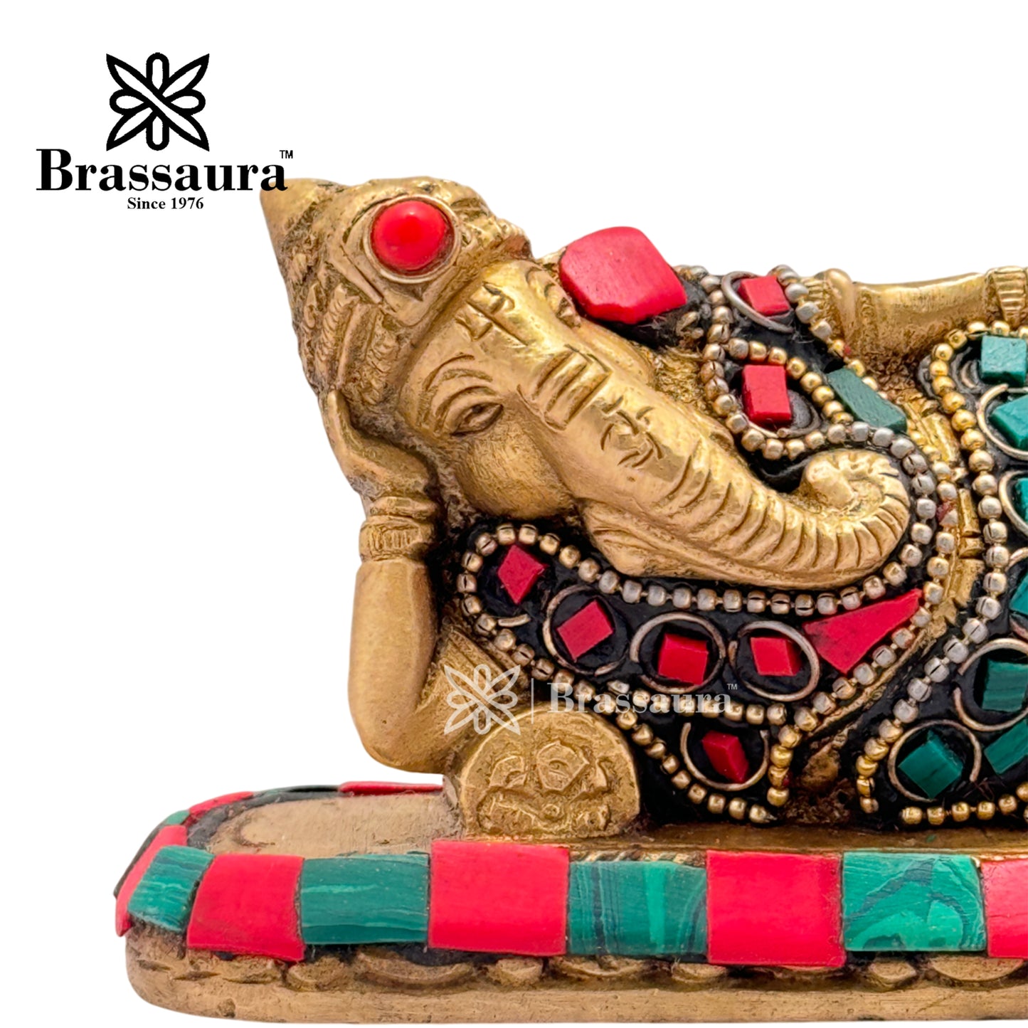 Brass Gem Stone Work Ganesha Idol for Home and Decor Weight .6 Kg Height 6 cm