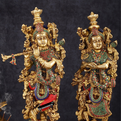 Brassaura™ Brass Radha Krishna Statue Pair – Height 21 Inches & Weight 18 Kgs | Handcrafted Devotional Idol