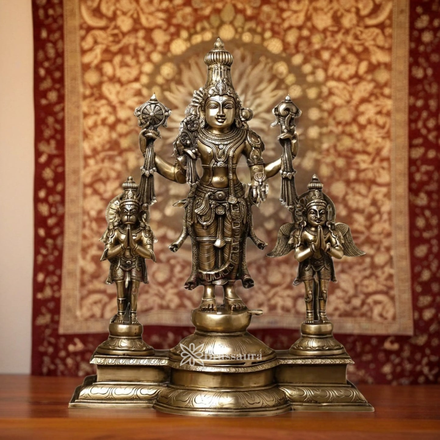 Brassaura™ Brass Vishnu Garuda & Hanuman Statue, Height 24.5 Inches & Weight 25 Kgs| Classic Décor