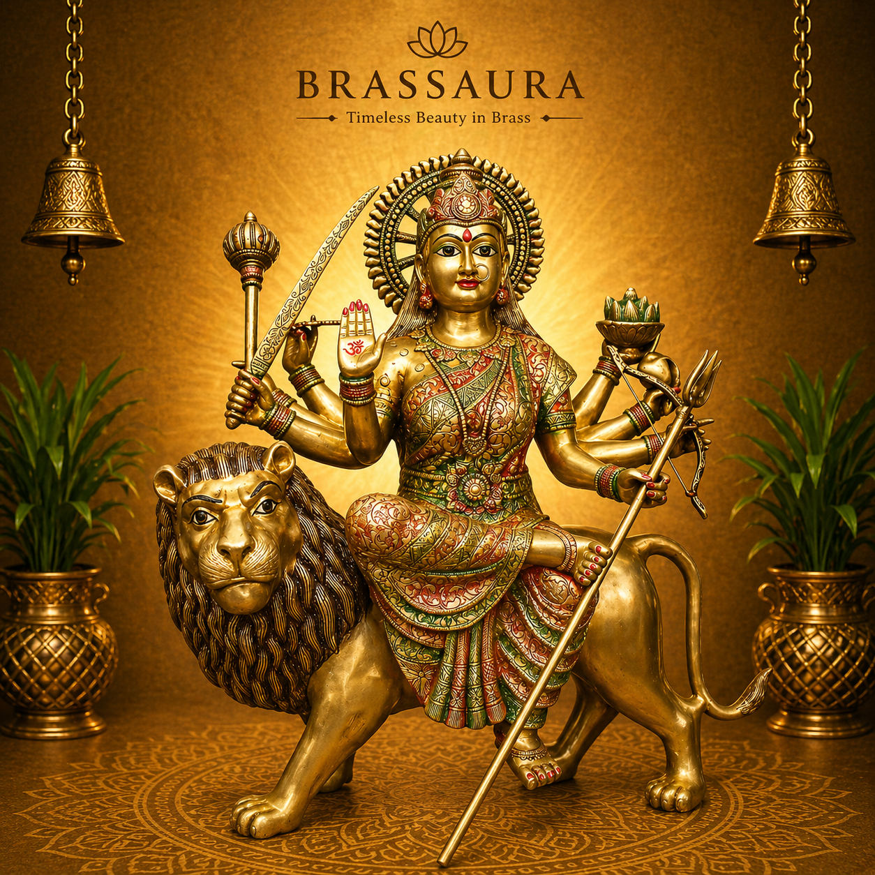 Brassaura® Brass Sherawali Mata Statue Seated on Lion | Height 34 Inches