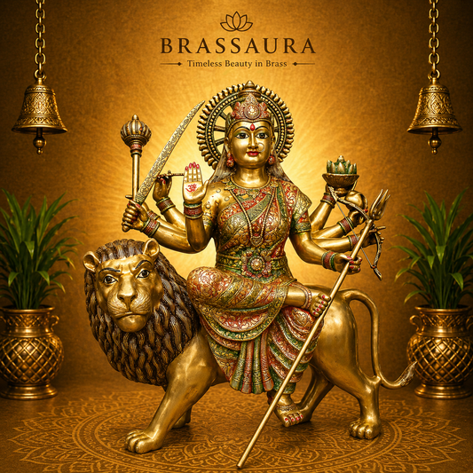 Brassaura® Brass Sherawali Mata Statue Seated on Lion | Height 34 Inches