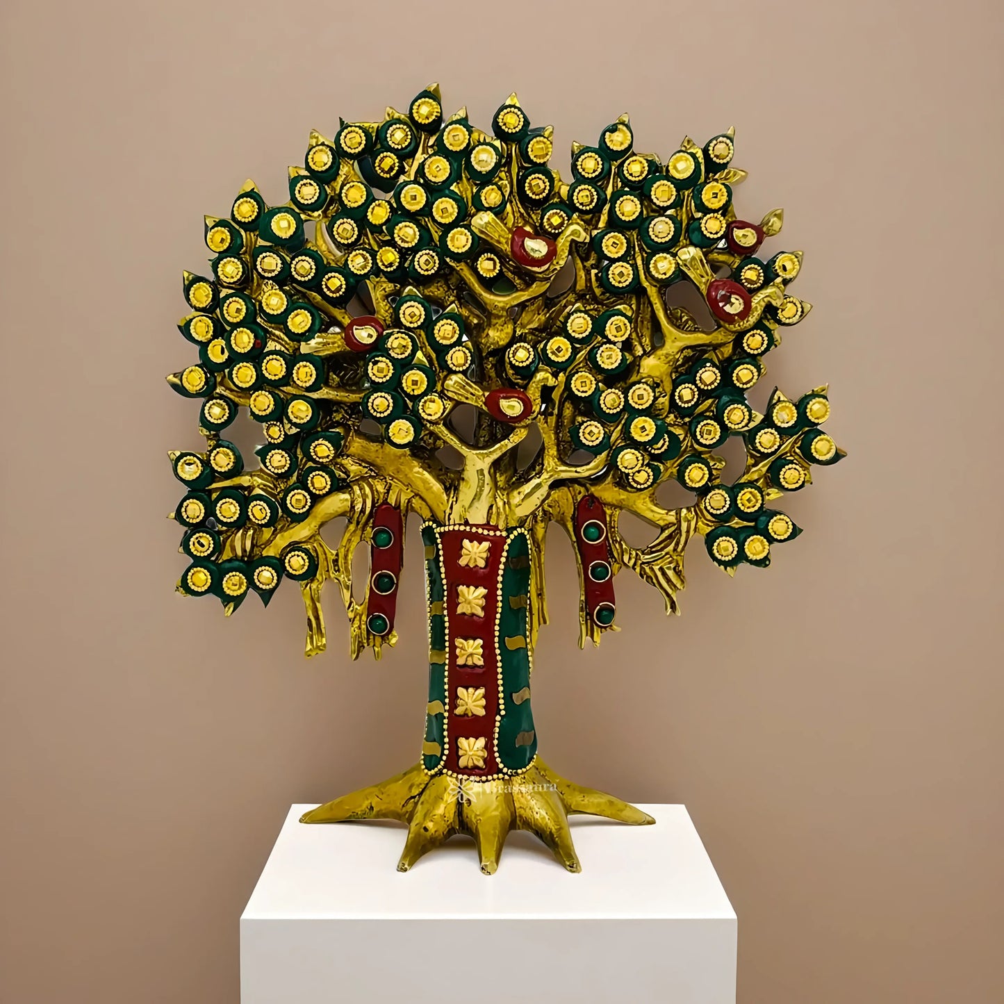 Brassaura™ Brass Gem Stone Work Tree – Height 8.8 Inches & Weight 1.4 Kgs | Elegant Handcrafted Decorative Piece for Home & Office Décor