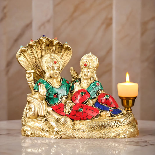 Brassaura™ Vishnu & Lakshmi Brass Idol on Sheshnaag – 2kg, 6.5-Inch – Gold-Finish Vaastu-Compliant Idol for Home & Office Blessings