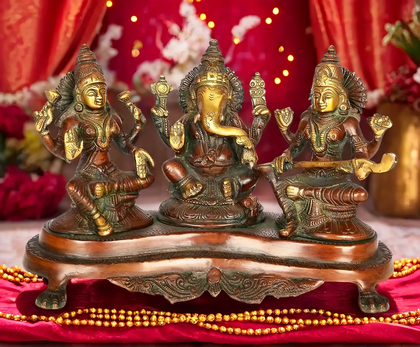 Brassaura™ Brass Laxmi Ganesha Saraswati Idol – Height 8 Inches & Weight 3.1 Kgs | Temple & Home Statue