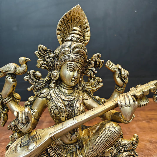 Brassaura® Brass Goddess Saraswati Idol with Veena | Antique Finish Saraswati Murti for Home Temple, Study Room, Office & Spiritual Décor | 11 Inches | 6 Kg