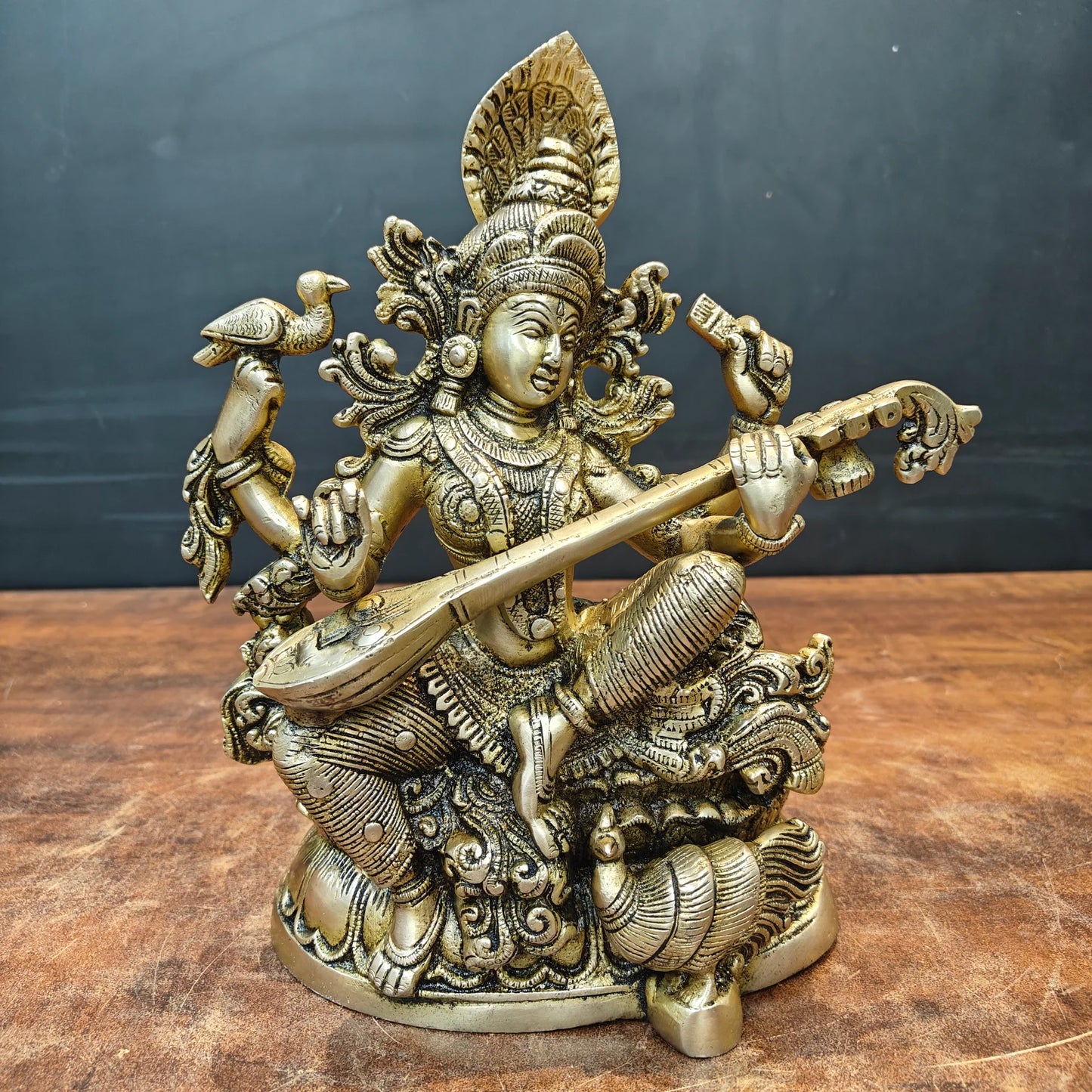 Brassaura® Brass Goddess Saraswati Idol with Veena | Antique Finish Saraswati Murti for Home Temple, Study Room, Office & Spiritual Décor | 11 Inches | 6 Kg