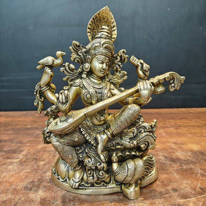 Brassaura® Brass Goddess Saraswati Idol with Veena | Antique Finish Saraswati Murti for Home Temple, Study Room, Office & Spiritual Décor | 11 Inches | 6 Kg
