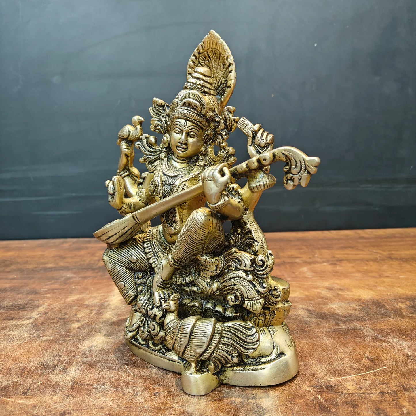 Brassaura® Brass Goddess Saraswati Idol with Veena | Antique Finish Saraswati Murti for Home Temple, Study Room, Office & Spiritual Décor | 11 Inches | 6 Kg