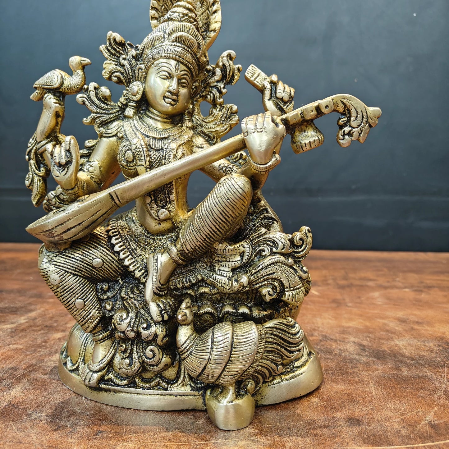 Brassaura® Brass Goddess Saraswati Idol with Veena | Antique Finish Saraswati Murti for Home Temple, Study Room, Office & Spiritual Décor | 11 Inches | 6 Kg