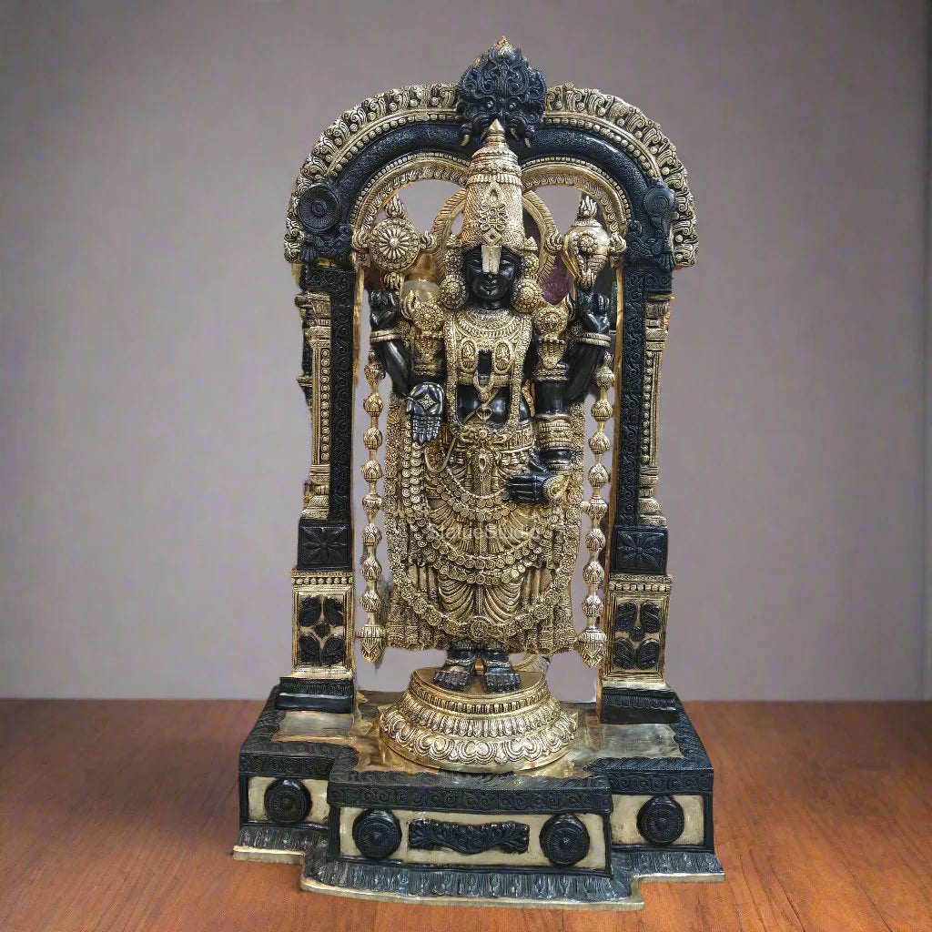 Brassaura® Brass Lord Balaji Idol with Ornate Arch Frame | Handcrafted Tirupati Balaji Statue for Home Temple, Spiritual Décor & Temple Installation | 60 Inches | 130 Kg