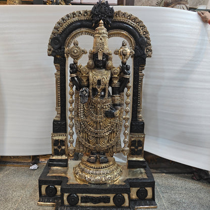 Brassaura® Brass Lord Balaji Idol with Ornate Arch Frame | Handcrafted Tirupati Balaji Statue for Home Temple, Spiritual Décor & Temple Installation | 60 Inches | 130 Kg