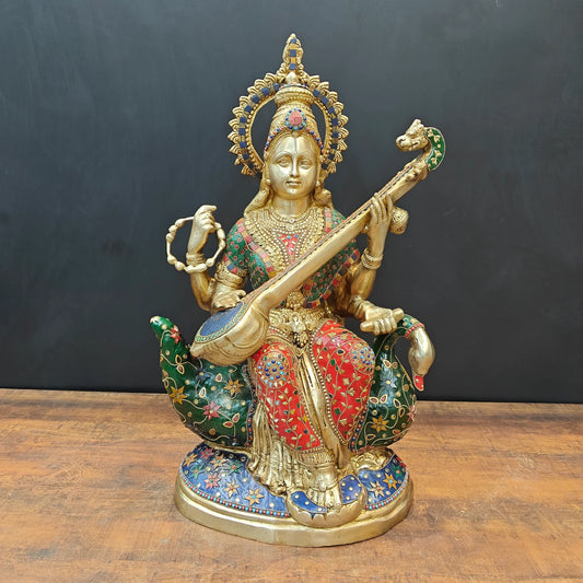 Brassaura® Brass Goddess Saraswati Idol with Meenakari Work & Veena | Handcrafted Decorative Saraswati Murti for Home Temple, Living Room & Spiritual Décor | 21 Inches | 27 Kg