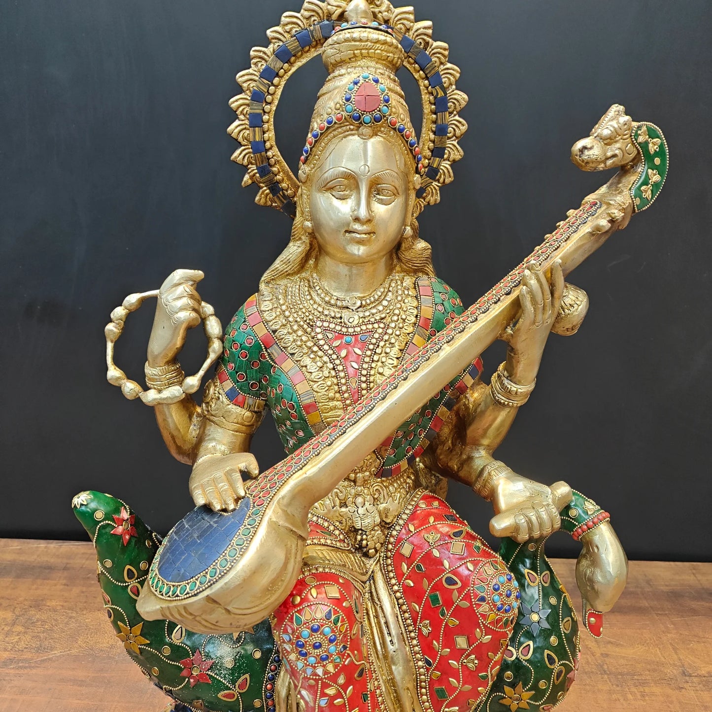 Brassaura® Brass Goddess Saraswati Idol with Meenakari Work & Veena | Handcrafted Decorative Saraswati Murti for Home Temple, Living Room & Spiritual Décor | 21 Inches | 27 Kg
