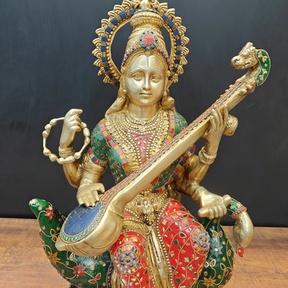 Brassaura® Brass Goddess Saraswati Idol with Meenakari Work & Veena | Handcrafted Decorative Saraswati Murti for Home Temple, Living Room & Spiritual Décor | 21 Inches | 27 Kg