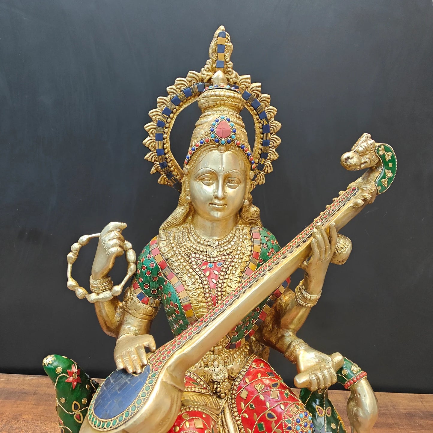 Brassaura® Brass Goddess Saraswati Idol with Meenakari Work & Veena | Handcrafted Decorative Saraswati Murti for Home Temple, Living Room & Spiritual Décor | 21 Inches | 27 Kg