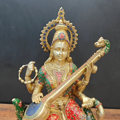 Brassaura® Brass Goddess Saraswati Idol with Meenakari Work & Veena | Handcrafted Decorative Saraswati Murti for Home Temple, Living Room & Spiritual Décor | 21 Inches | 27 Kg