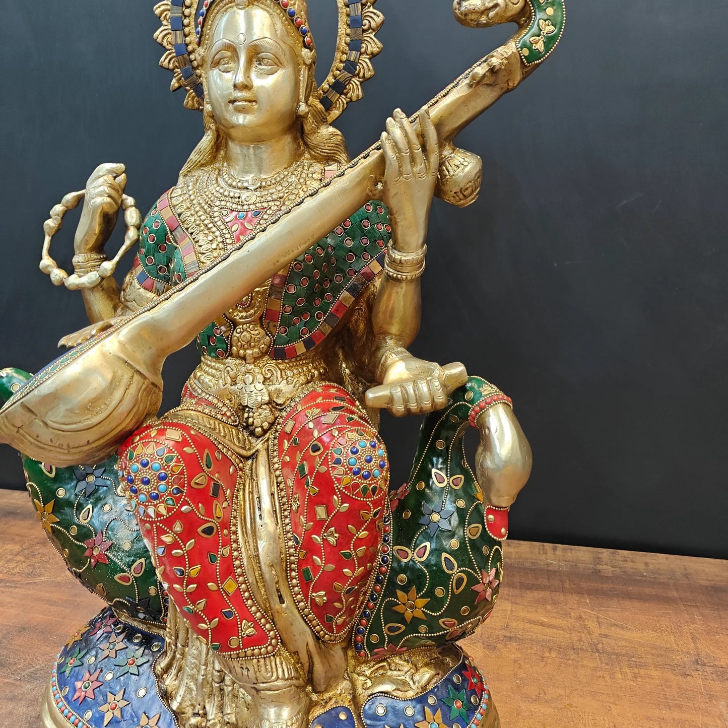 Brassaura® Brass Goddess Saraswati Idol with Meenakari Work & Veena | Handcrafted Decorative Saraswati Murti for Home Temple, Living Room & Spiritual Décor | 21 Inches | 27 Kg