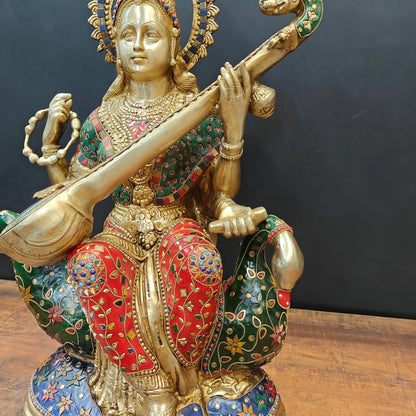Brassaura® Brass Goddess Saraswati Idol with Meenakari Work & Veena | Handcrafted Decorative Saraswati Murti for Home Temple, Living Room & Spiritual Décor | 21 Inches | 27 Kg