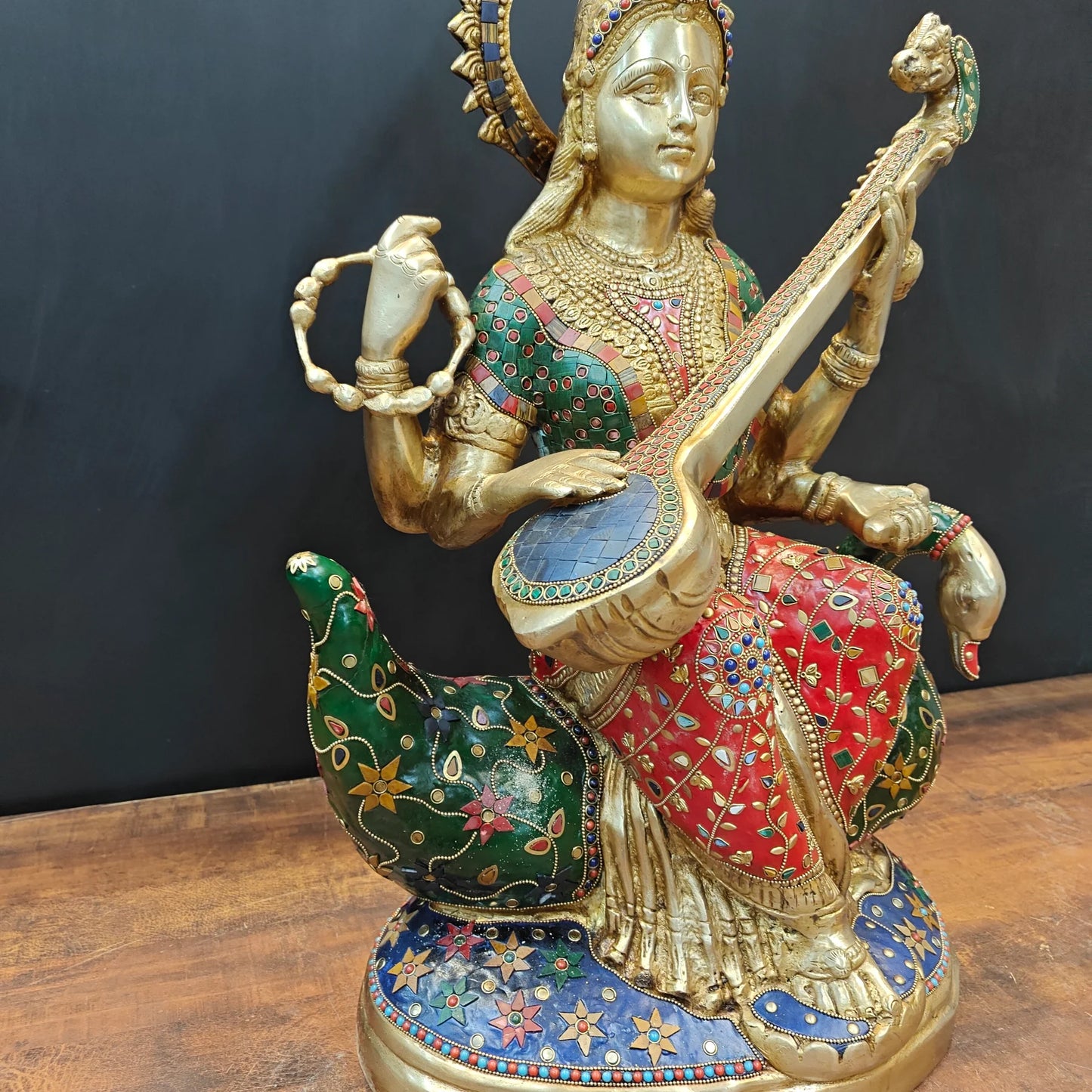 Brassaura® Brass Goddess Saraswati Idol with Meenakari Work & Veena | Handcrafted Decorative Saraswati Murti for Home Temple, Living Room & Spiritual Décor | 21 Inches | 27 Kg