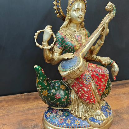 Brassaura® Brass Goddess Saraswati Idol with Meenakari Work & Veena | Handcrafted Decorative Saraswati Murti for Home Temple, Living Room & Spiritual Décor | 21 Inches | 27 Kg