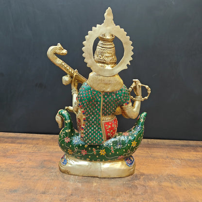 Brassaura® Brass Goddess Saraswati Idol with Meenakari Work & Veena | Handcrafted Decorative Saraswati Murti for Home Temple, Living Room & Spiritual Décor | 21 Inches | 27 Kg