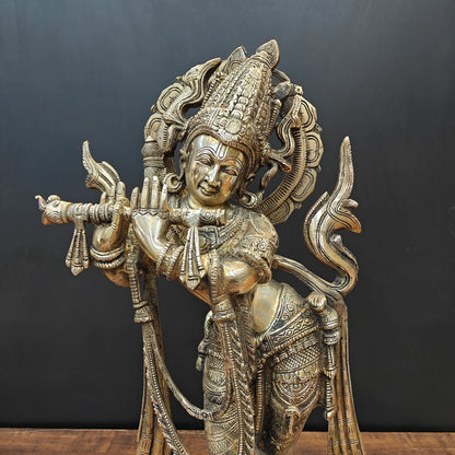 Brassaura® Brass Lord Krishna Idol | Handcrafted Muralidhara Krishna Playing Flute Statue | Premium Brass Home Temple, Living Room & Spiritual Décor | Height 23 Inches | 11.3 Kg