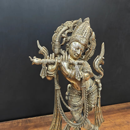 Brassaura® Brass Lord Krishna Idol | Handcrafted Muralidhara Krishna Playing Flute Statue | Premium Brass Home Temple, Living Room & Spiritual Décor | Height 23 Inches | 11.3 Kg