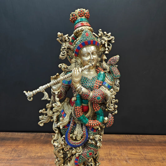 Brassaura® Brass Lord Krishna Idol | Handcrafted Muralidhara Krishna Playing Flute Statue with Stone Work | Premium Home Temple, Living Room & Spiritual Décor | Height 27 Inches | 19 Kg