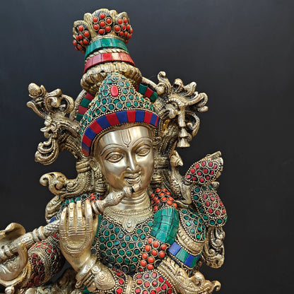 ब्रासोरा® वृंदावन वेणुगोपाल कृष्ण पीतल की प्रतिमा मोर के साथ | एंटीक नीला और सुनहरा रंग | ऊँचाई 20 इंच