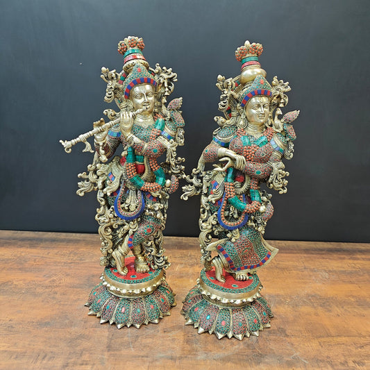 Brassaura® Radha Krishna Brass Idol Set | Handcrafted Pure Brass Radha Krishna Murti with Gemstone Detailing | Hindu God Statue for Home Temple, Pooja Room & Spiritual Décor | Height 27 Inches | Set of 2 | 38 Kg