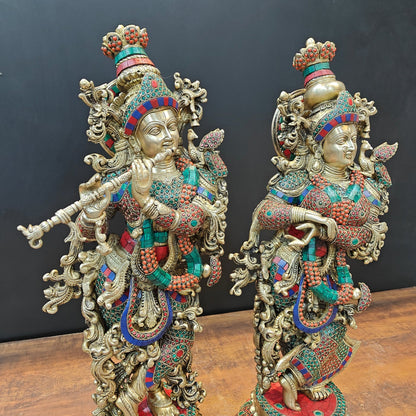 ब्रासोरा® वृंदावन वेणुगोपाल कृष्ण पीतल की प्रतिमा मोर के साथ | एंटीक नीला और सुनहरा रंग | ऊँचाई 20 इंच