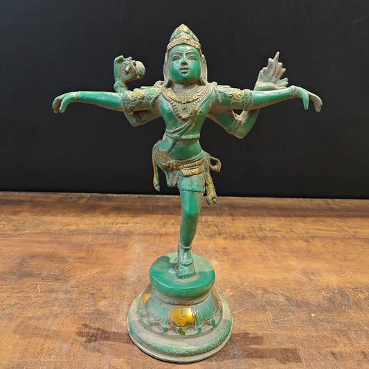 Brassaura® Dancing Lord Vishnu Brass Idol | Handcrafted Pure Brass Vishnu Murti with Antique Green Patina Finish | Hindu God Statue for Home Temple, Pooja Room & Spiritual Décor | Height 13.5 Inches | 4.5 Kg