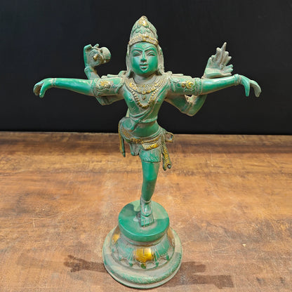 ब्रासोरा® वृंदावन वेणुगोपाल कृष्ण पीतल की प्रतिमा मोर के साथ | एंटीक नीला और सुनहरा रंग | ऊँचाई 20 इंच