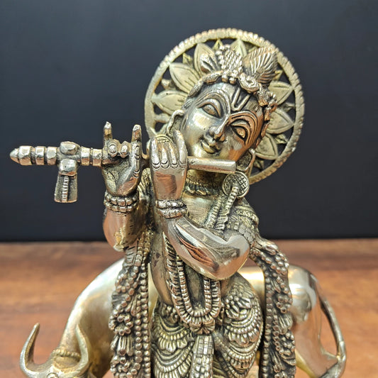 Brassaura® Brass Lord Krishna with Cow Idol | Handcrafted Krishna Playing Flute Statue | Pure Brass Spiritual Home Temple, Living Room & Pooja Décor | Height 12 Inches | 4.9 Kg