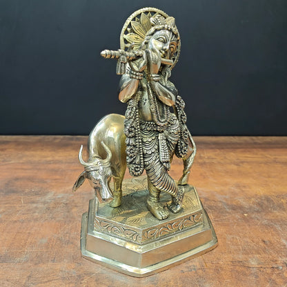 Brassaura® Brass Lord Krishna with Cow Idol | Handcrafted Krishna Playing Flute Statue | Pure Brass Spiritual Home Temple, Living Room & Pooja Décor | Height 12 Inches | 4.9 Kg