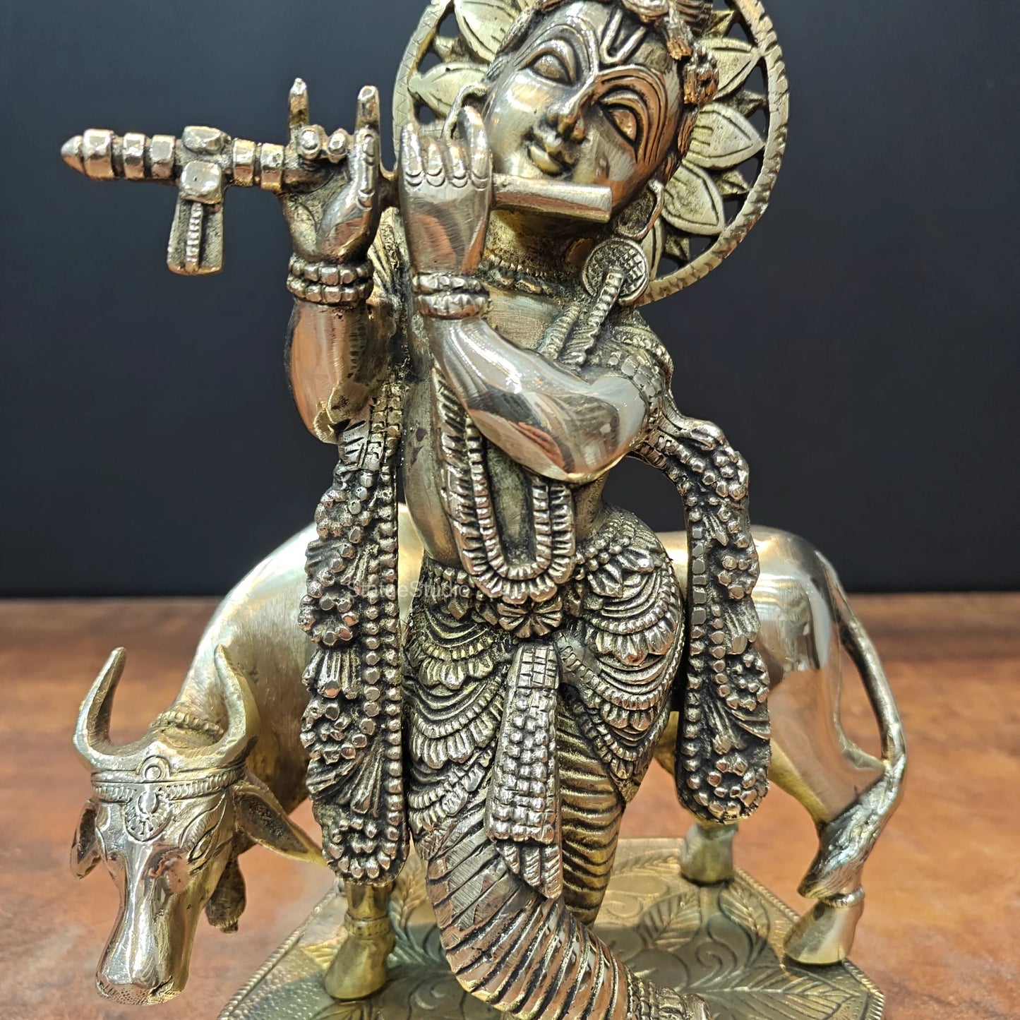 Brassaura® Brass Lord Krishna with Cow Idol | Handcrafted Krishna Playing Flute Statue | Pure Brass Spiritual Home Temple, Living Room & Pooja Décor | Height 12 Inches | 4.9 Kg