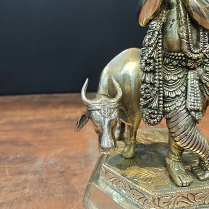 Brassaura® Brass Lord Krishna with Cow Idol | Handcrafted Krishna Playing Flute Statue | Pure Brass Spiritual Home Temple, Living Room & Pooja Décor | Height 12 Inches | 4.9 Kg