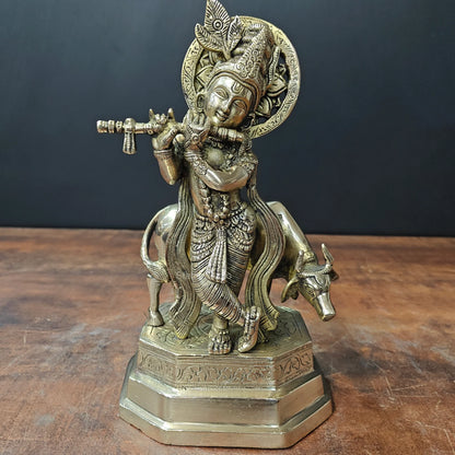 ब्रासोरा® वृंदावन वेणुगोपाल कृष्ण पीतल की प्रतिमा मोर के साथ | एंटीक नीला और सुनहरा रंग | ऊँचाई 20 इंच