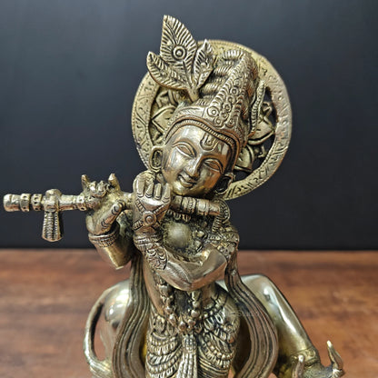 ब्रासोरा® वृंदावन वेणुगोपाल कृष्ण पीतल की प्रतिमा मोर के साथ | एंटीक नीला और सुनहरा रंग | ऊँचाई 20 इंच